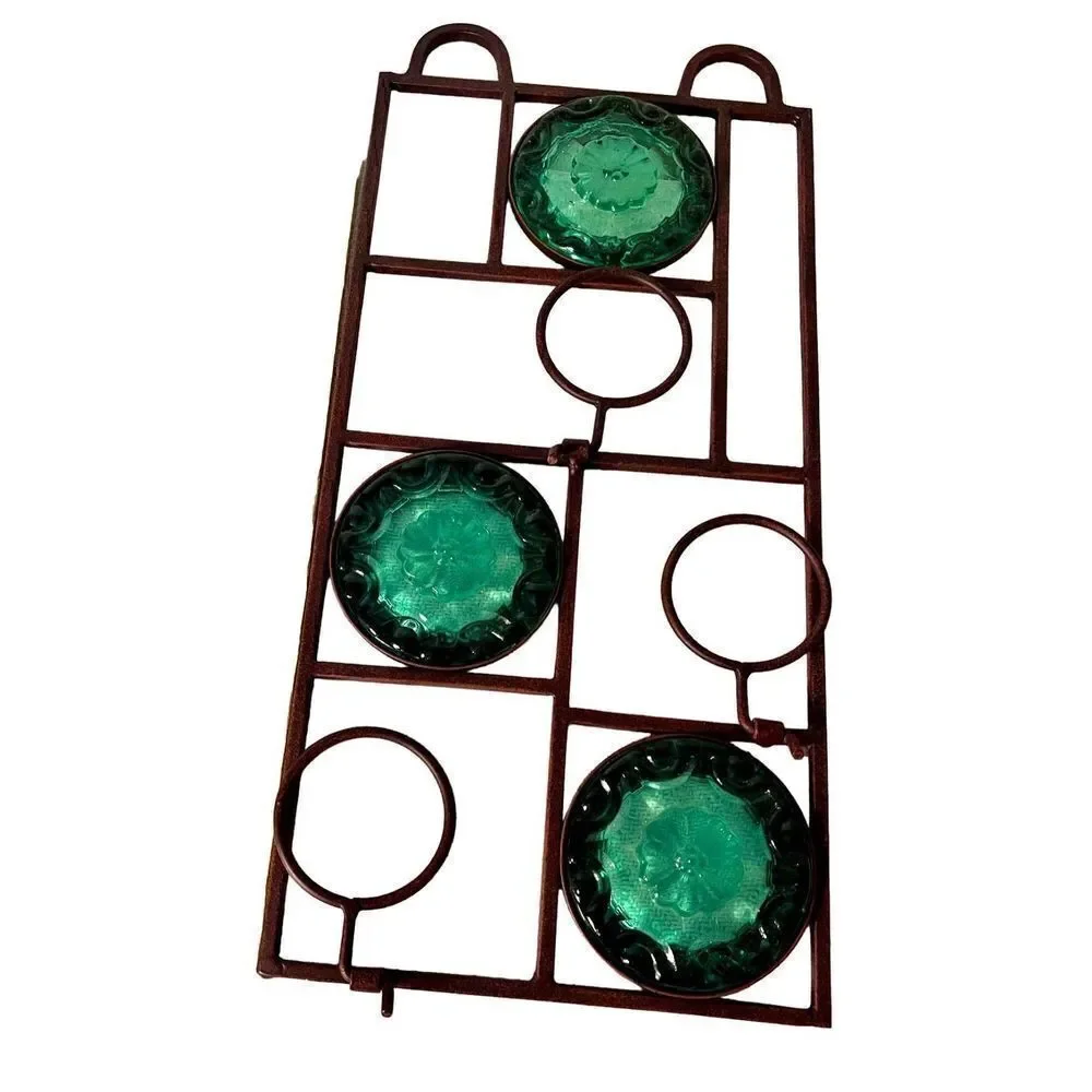 Vintage Wall Hanging Metal 3 Light Votive Candle Holder Green Glass 16” - Picture 6 of 8